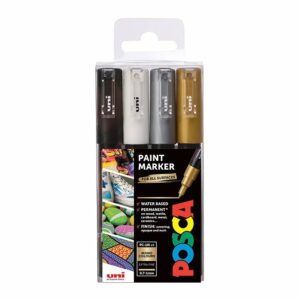 Posca - PC1MC - Extra Fine Tip Pen - Gold, Silver, Black and White, 4 pc