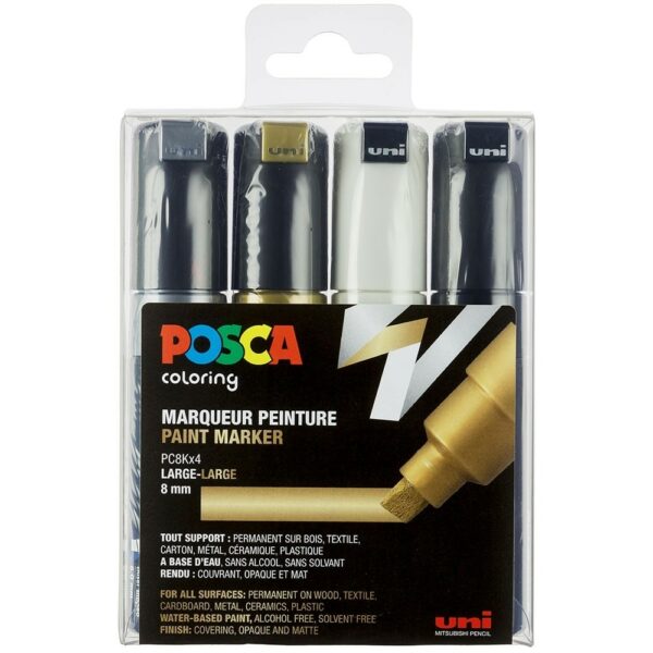 Posca - PC8K - Broad Tip Pen - Gold, Silver, Black and White, 4 pc